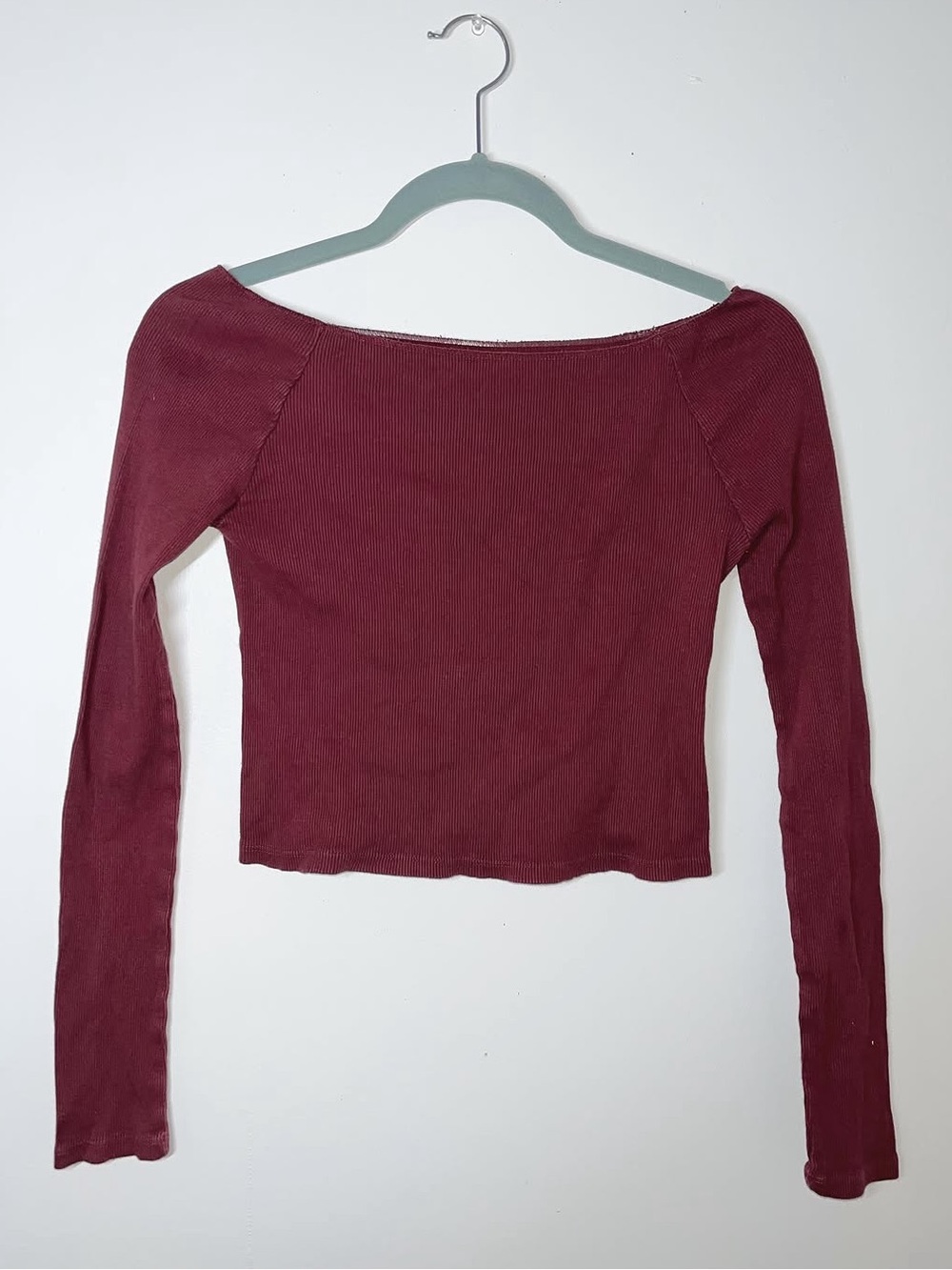 Brandy Melville “Madyson” Ribbed Off-Shoulder Boat-Neck Long Sleeve - Wine Red